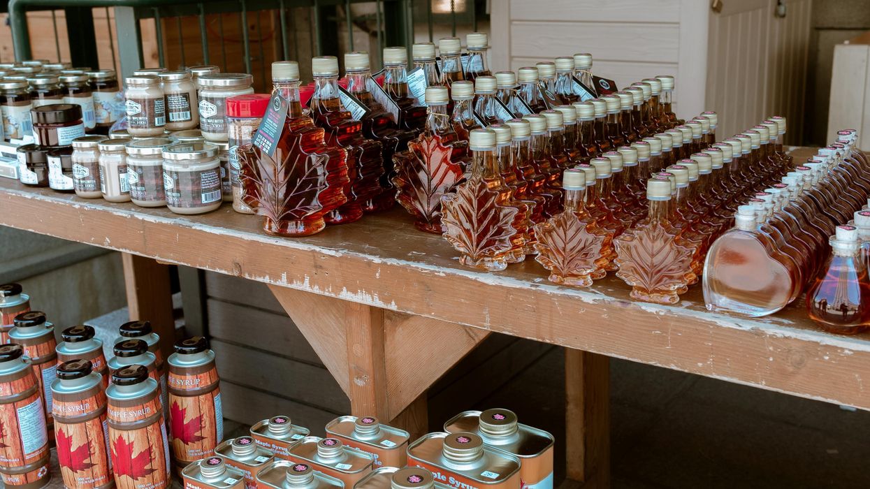 Bottles of maple syrup.
