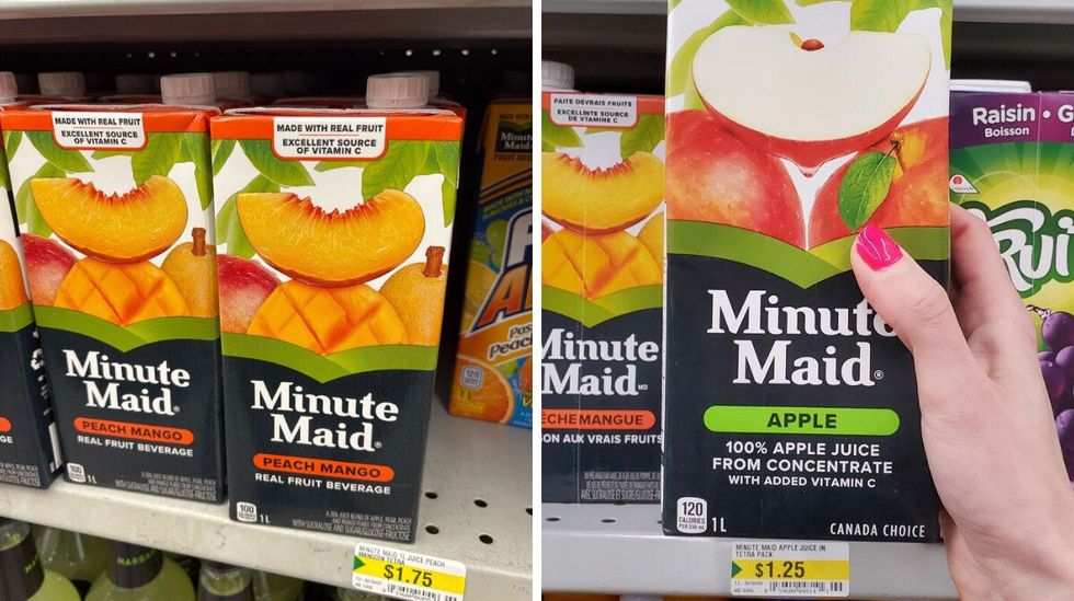 bottles of minute maid juice at dollarama in 2025. right: person holding bottle of minute maid juice at dollarama in 2021