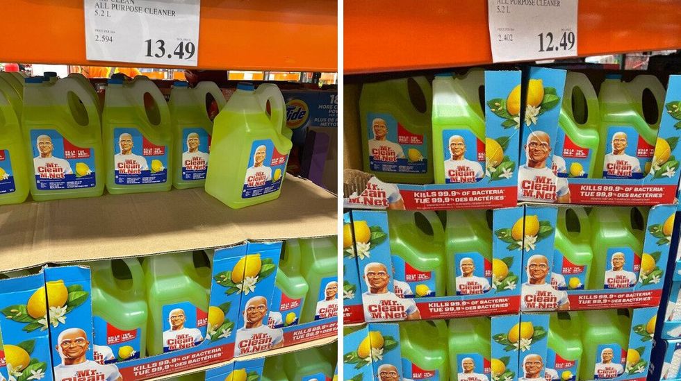 bottles of Mr. Clean all purpose cleaner at Costco in 2025 and 2023
