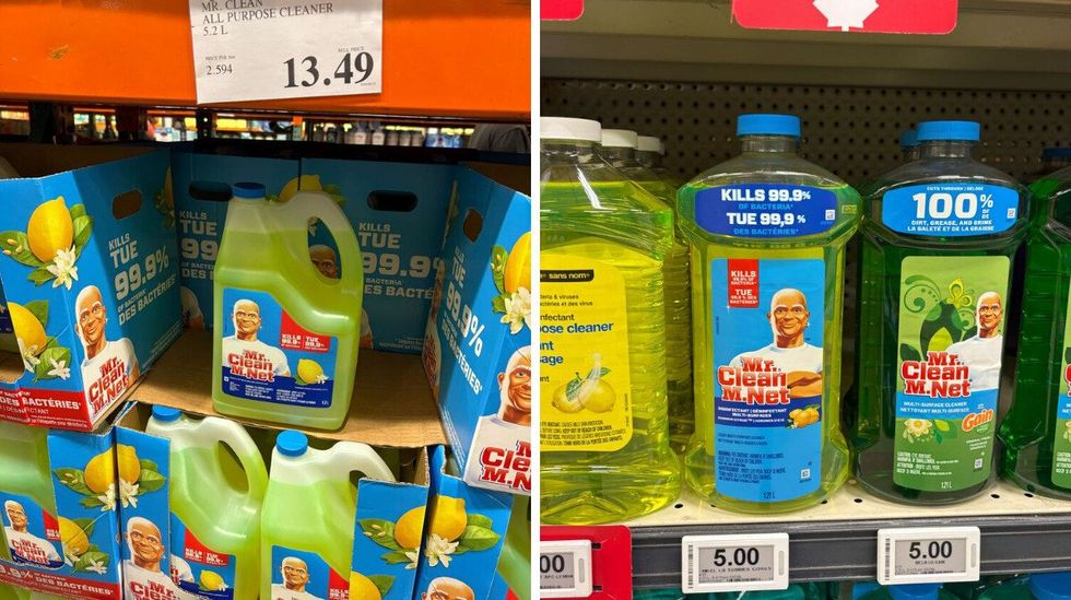 bottles of mr clean all purpose cleaner at costco. right: bottles of mr clean all purpose cleaner on shef at loblaws