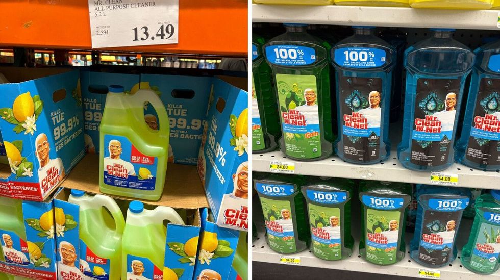 bottles of mr clean all purpose cleaner at costco. right: bottles of mr clean multi surface cleaner at dollarama