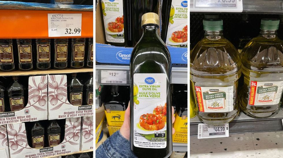 bottles of olive oil at costco, walmart and metro