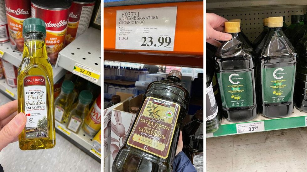 bottles of olive oil at dollarama, costco and sobeys