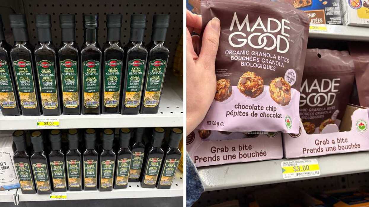 bottles of olive oil on shelves at dollarama. right: person holding bag of made good granola bites at dollarama