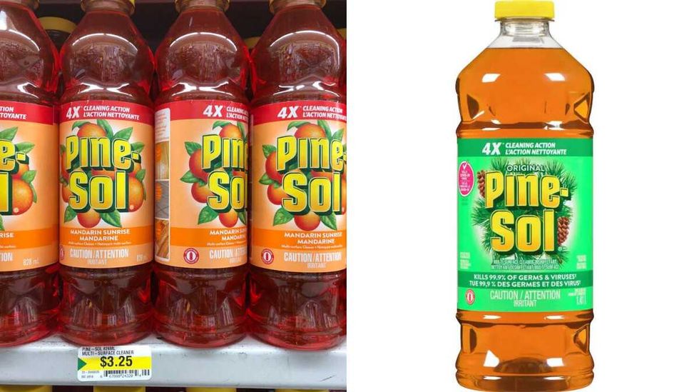 Bottles of orange liquid with the label reading Pine-Sol. Right: A bottle of orange liquid that says Pine-Sol.