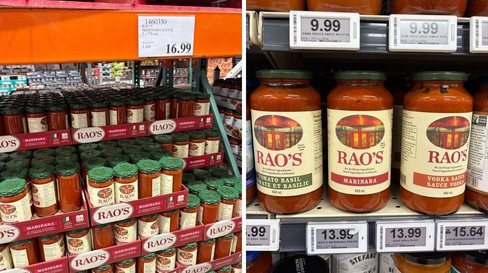 bottles of rao's marinara sauce at costco. right: bottles of rao's marinara sauce at loblaws