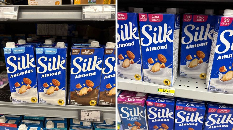 bottles of silk almond beverage on shelves at walmart and dollarama