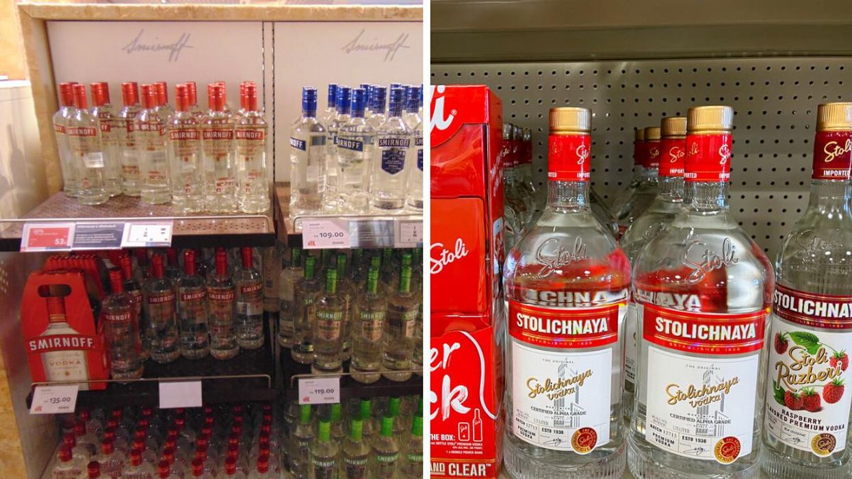 Bottles of Smirnoff on a store shelf. Right: bottles of Stolichnaya on a store shelf.