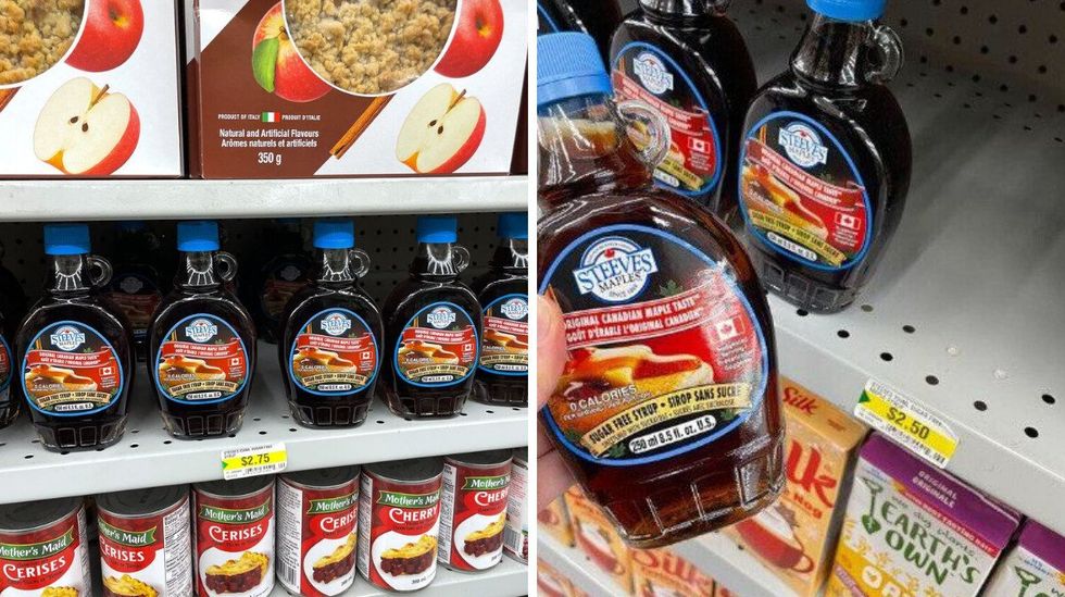 bottles of steeves maple syrup at dollarama in 2025. right: person holding bottle of steeves maple syrup at dollarama in 2023