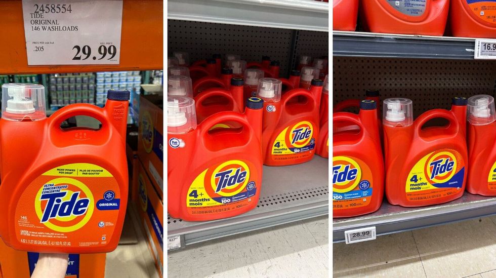 bottles of tide laundry detergent at costco, walmart and loblaws