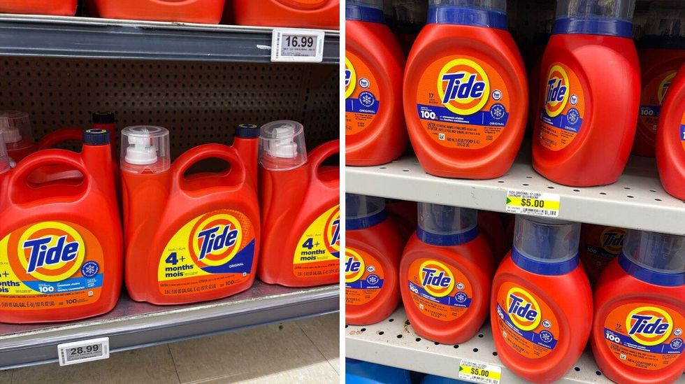 bottles of tide laundry detergent on shelves at loblaws and dollarama