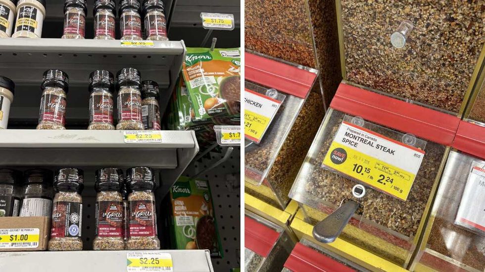 bottles of \u200b\u200bClub House Montreal steak spice at Dollarama. Right: bin of Montreal steak spice at Bulk Barn