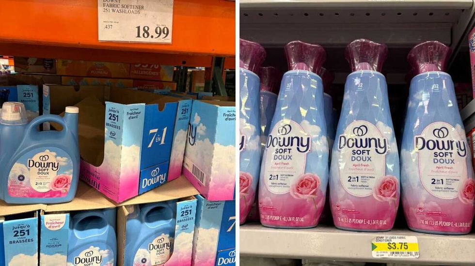 bottles of \u200b\u200bDowny fabric softener at Costco. Right: bottles of Downy fabric softener at Dollarama