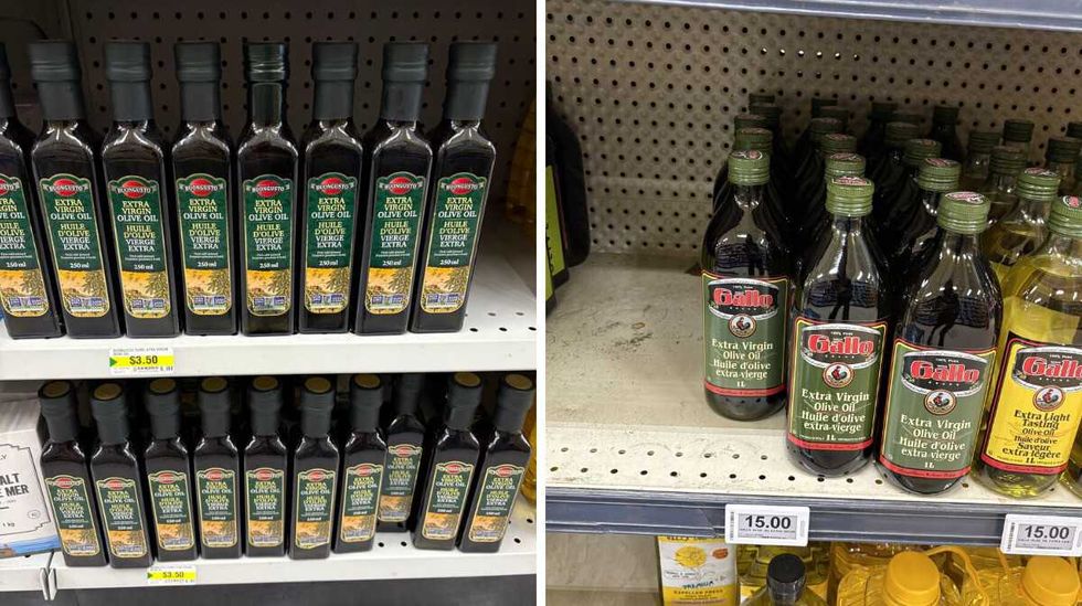 bottles of \u200bBuongusto olive oil at Dollarama. Right: bottles of Gallo olive oil at Loblaws