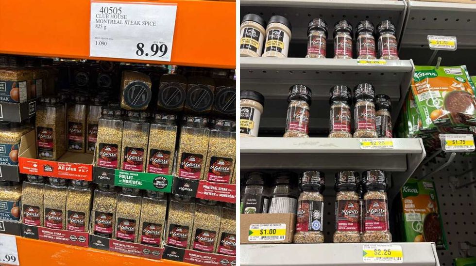 bottles of \u200bClub House Montreal steak spice at Costco. Right: bottles of Club House Montreal steak spice at Dollarama.