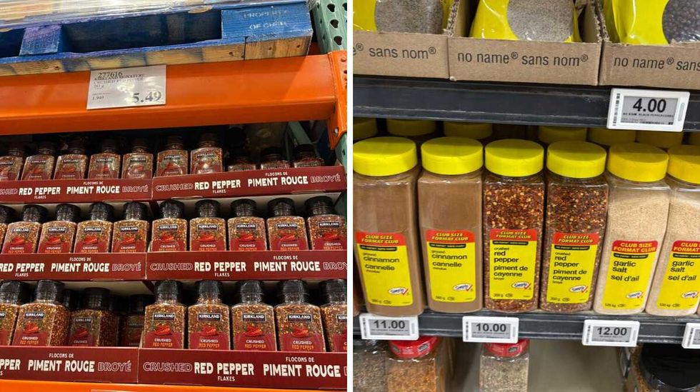 bottles of \u200bKirkland Signature crushed red pepper flakes. Right: bottles of No Name crushed red pepper flakes at Loblaws.