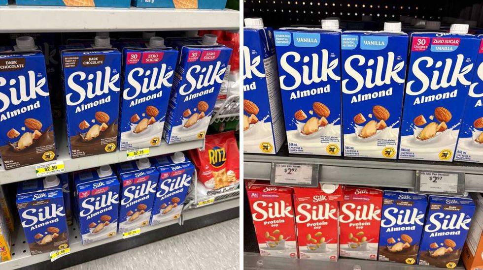 bottles of \u200bSilk almond beverage at Dollarama. Right: \u200bbottles of Silk almond beverage at Walmart.
