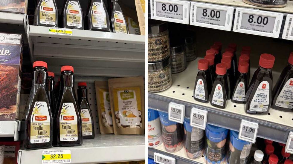 bottles of \u200bVanilla extract at Dollarama. Right: bottles of President's Choice vanilla extract at Loblaws.
