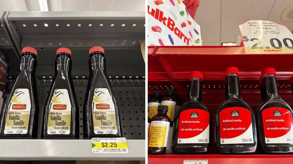 bottles of Vanilla extract at Dollarama. Right: bottles of Club House vanilla extract at Bulk Barn