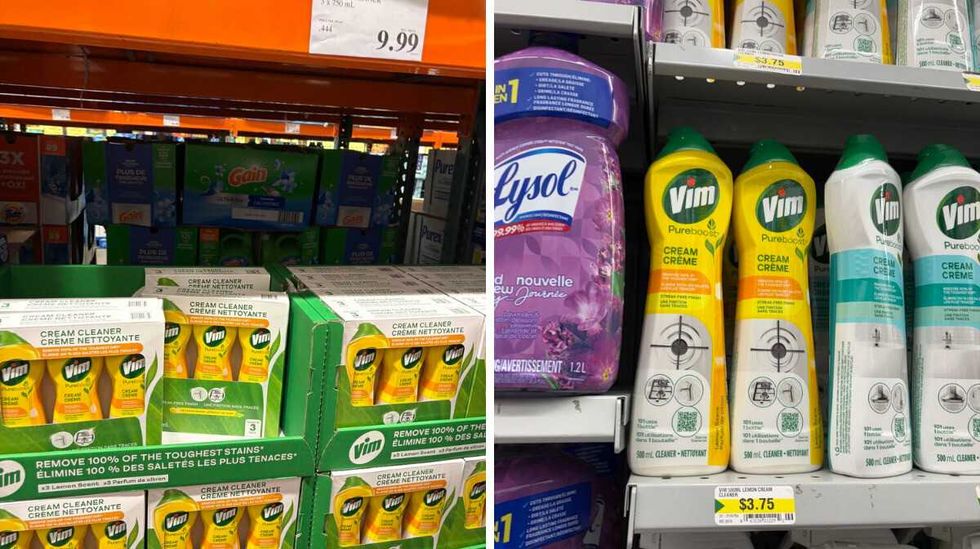 bottles of Vim at Costco. Right: bottles of Vim at Dollarama