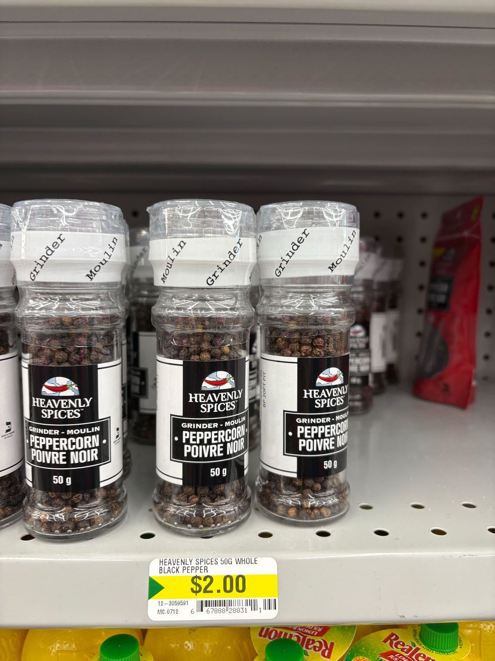 bottles of whole black peppercorns at dollarama