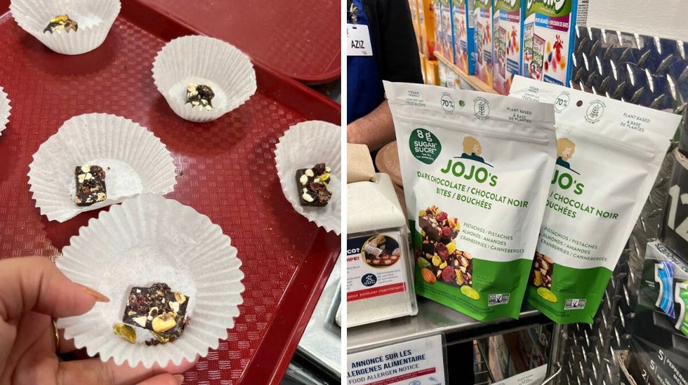 Bouch\u00e9es de chocolat noir Jojo's \u200ben d\u00e9gustation chez Costco.