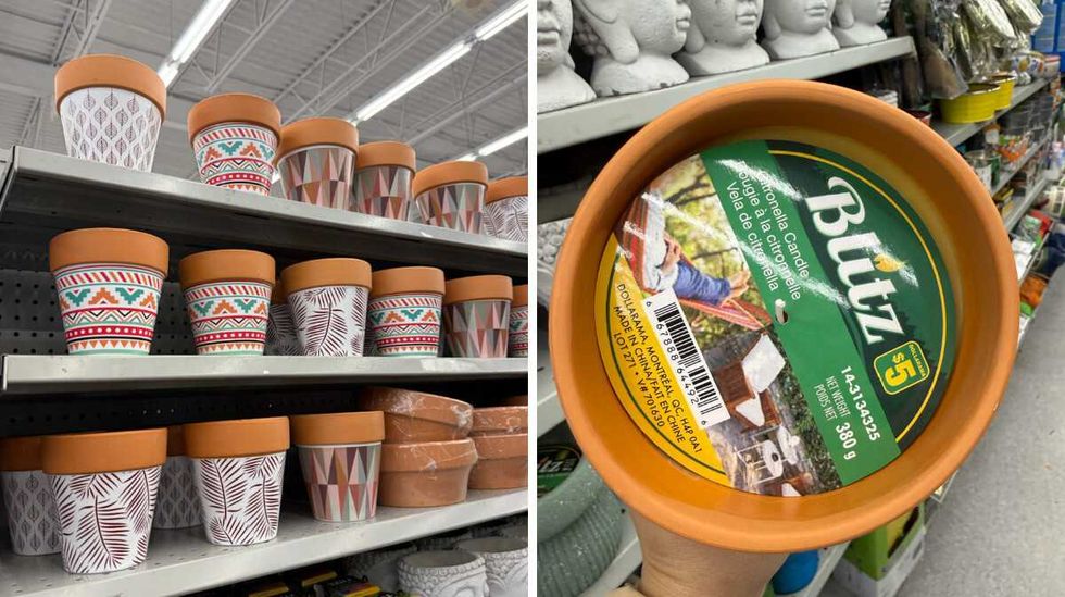 Bougies \u00e0 la citronnelle avec motifs g\u00e9om\u00e9triques dans des pots en terre cuite au Dollarama.