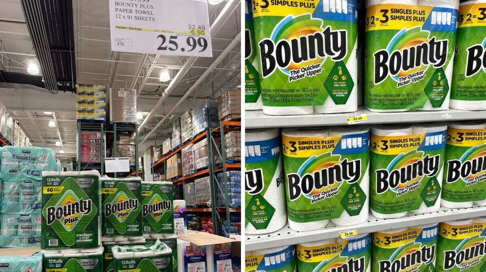 bounty paper towels at costco. right: bounty paper towels on shelves at dollarama