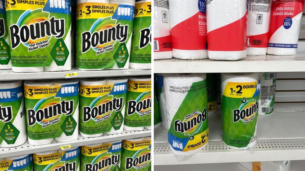bounty paper towels on shelves at dollarama. right: bounty paper towels on shelves at dollar tree