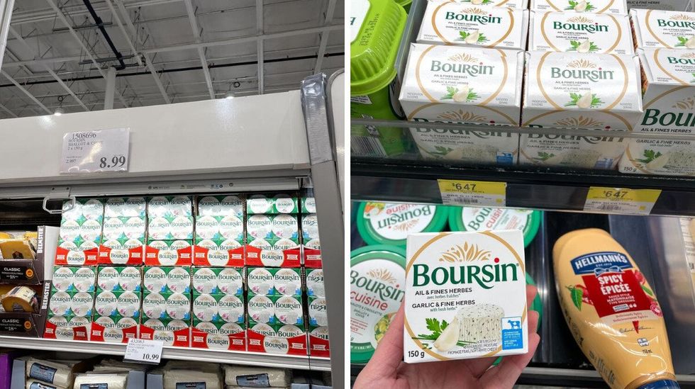 boursin cheese packs at costco. right: person holding boursin cheese at walmart