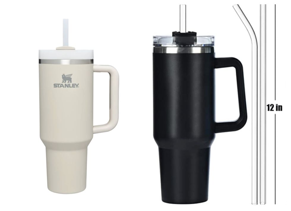 Bouteille d'eau Stanley. Droite : Bouteille d'eau Amazon.