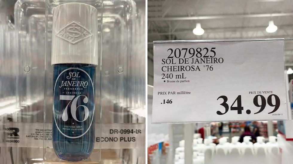 Bouteille de brume Sol de Janeiro Cheirosa 76 en vente chez Costco. Droite : \u00c9tiquette de prix Costco pour la brume Sol de Janeiro.