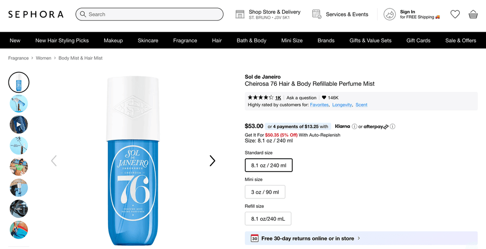 Bouteille de brume Sol de Janeiro Cheirosa 76 en vente chez Sephora.