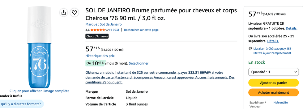 Bouteille de brume Sol de Janeiro Cheirosa 76 en vente sur Amazon.