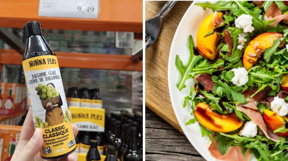 Bouteille de gla\u00e7age Balsamique | Droite : Assiette de salade de roquette