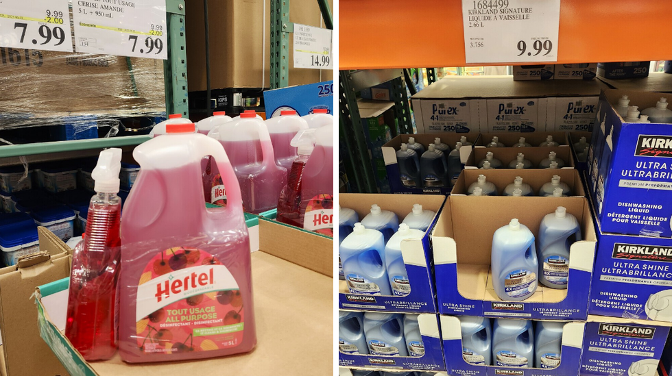 Bouteille en spray et bouteille de remplissage de nettoyant de la marque Hertel. | Droite: liquide \u00e0 vaisselle.