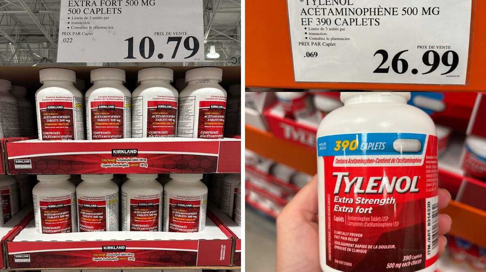 Bouteilles de 500 caplets d'ac\u00e9taminoph\u00e8ne de marque Kirkland en vente chez Costco. Droite : Bouteille de 390 caplets d'ac\u00e9taminoph\u00e8ne en vente chez Costco.