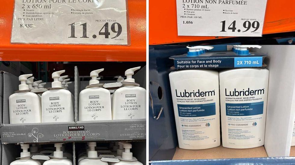 Bouteilles de cr\u00e8me hydratante de marque Kirkland. Droite : Bouteilles de cr\u00e8me hydratante de marque Lubriderm.