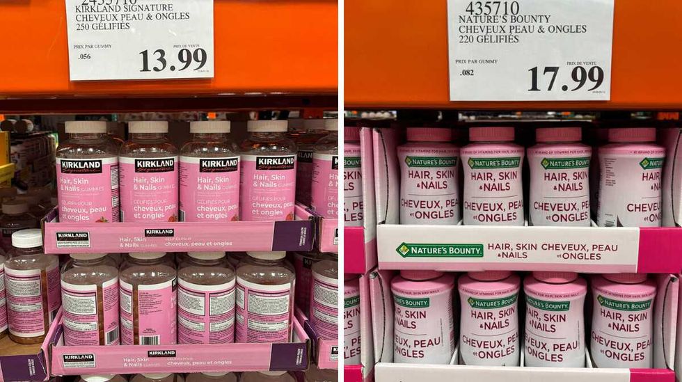 Bouteilles de suppl\u00e9ments pour les cheveux, la peau et les ongles de marque Kirkland. Bouteilles de suppl\u00e9ments pour les cheveux, la peau et les ongles de marque Nature's Bounty.