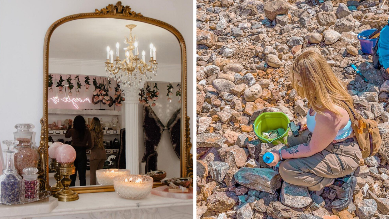 Boutique crystal shop with amethyst wings. Right: Digging for gemstones at an Ontario mine.