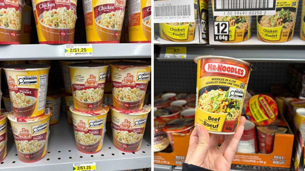 bowls of Bowlfull instant noodles at Dollarama. Right: person holding bowl of Mr. Noodles instant noodles at Walmart.