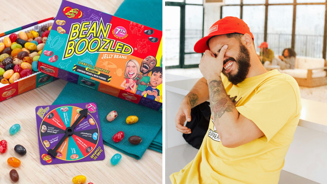 Box of BeanBoozled jelly beans with colourful spinner and assorted jelly beans on a table. Right: Smiling man in a red cap and yellow shirt covering his face while laughing indoors.