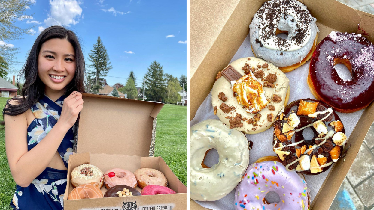 Box of donuts from Donut Monster. Right: Assortment of donuts from Suzy Q Doughnuts.
