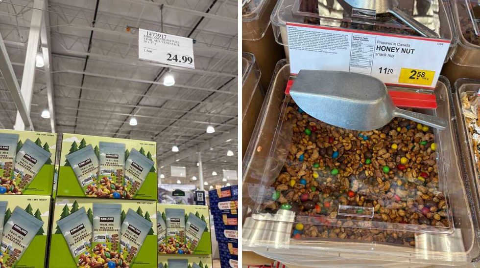 box of Kirkland Signature trail mix at Costco. Right: bin of Snack mix at Bulk Barn.