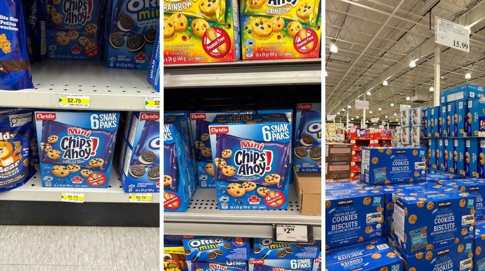 box of \u200bChips Ahoy mini chocolate chip cookies at Dollarama. Centre: boxes of Chips Ahoy mini chocolate chip cookies at Walmart. Right: boxes of Kirkland Signature mini chocolate chip cookies at Costco.