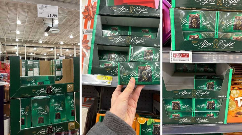 boxes of After Eight chocolates at Costco. centre: person holding box of After Eight chocolates at walmart. right: boxes of After Eight chocolates at loblaws