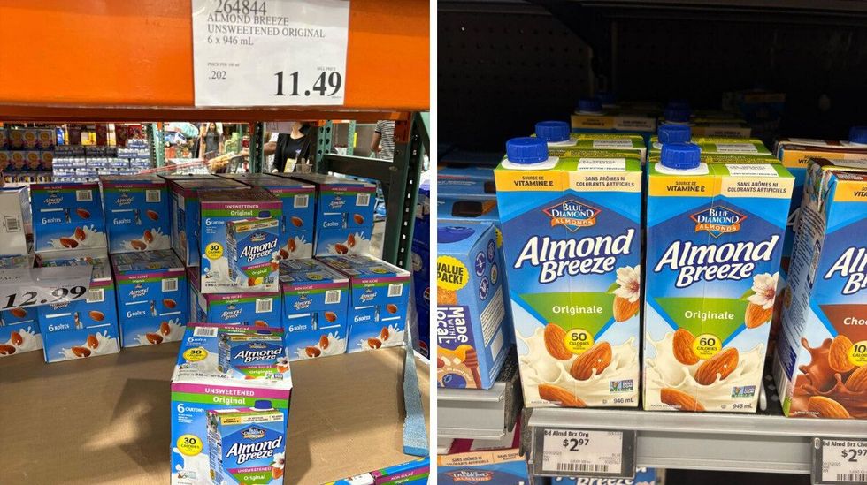 boxes of almond breeze at costco. right: bottles of almond breeze on shelf at walmart