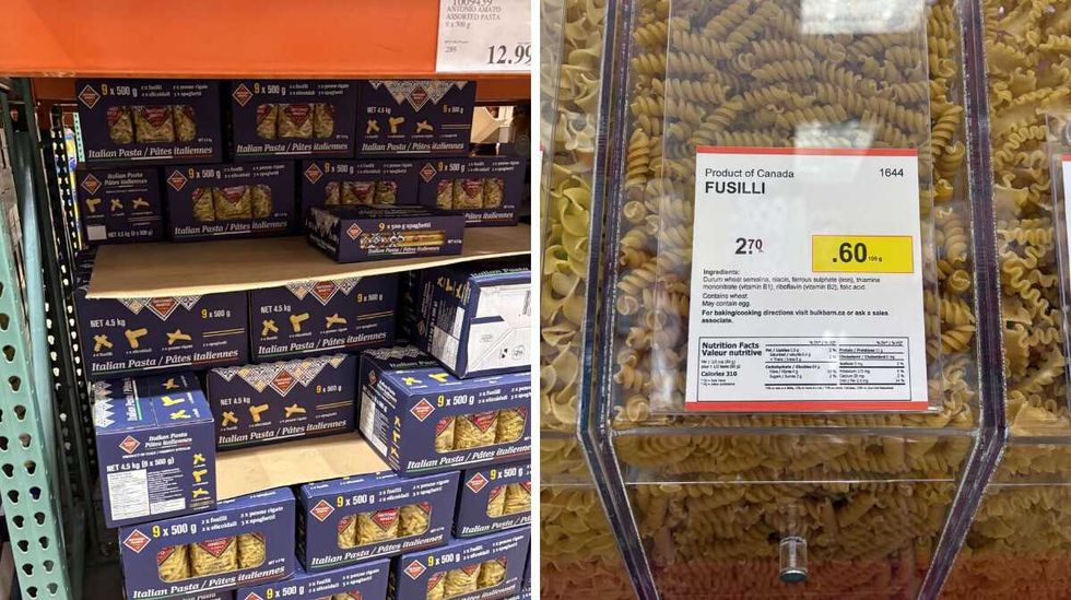boxes of Antonio Amato dried pasta at Costco. Right: bin of Dried fusilli pasta at Bulk Barn.