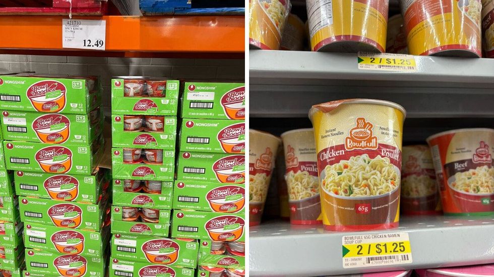 boxes of bowl noodles spicy kimchi instant noodles at costco. right: bowlfull chicken flavoured instant noodle cups on shelves at dollarama