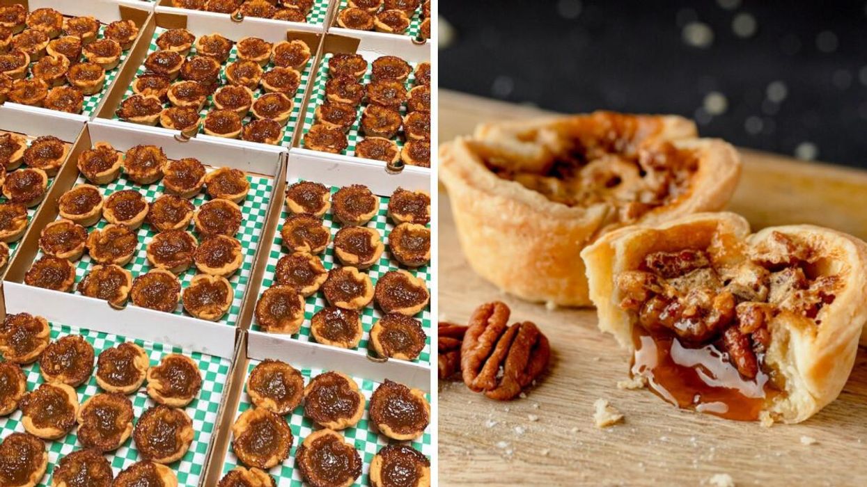 Boxes of butter tarts at Larry's Folly in Toronto. Right: A classic Hidden Goldmine Bakery butter tart.